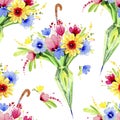 ÃÂ¡olorful flowers protruding from the closed umbrella. Seamless pattern. Watercolor illustration.